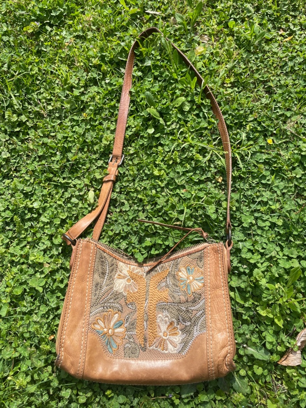 Frye Tan Leather Shoulder Bag with Floral Embroidery